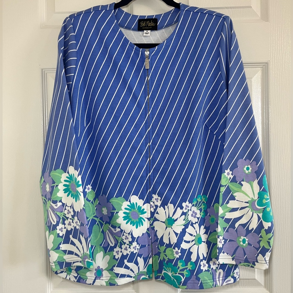 Bob Mackie Diagonal Stripe Multi-Floral Ponte Iris Knit Jacket Size Medium